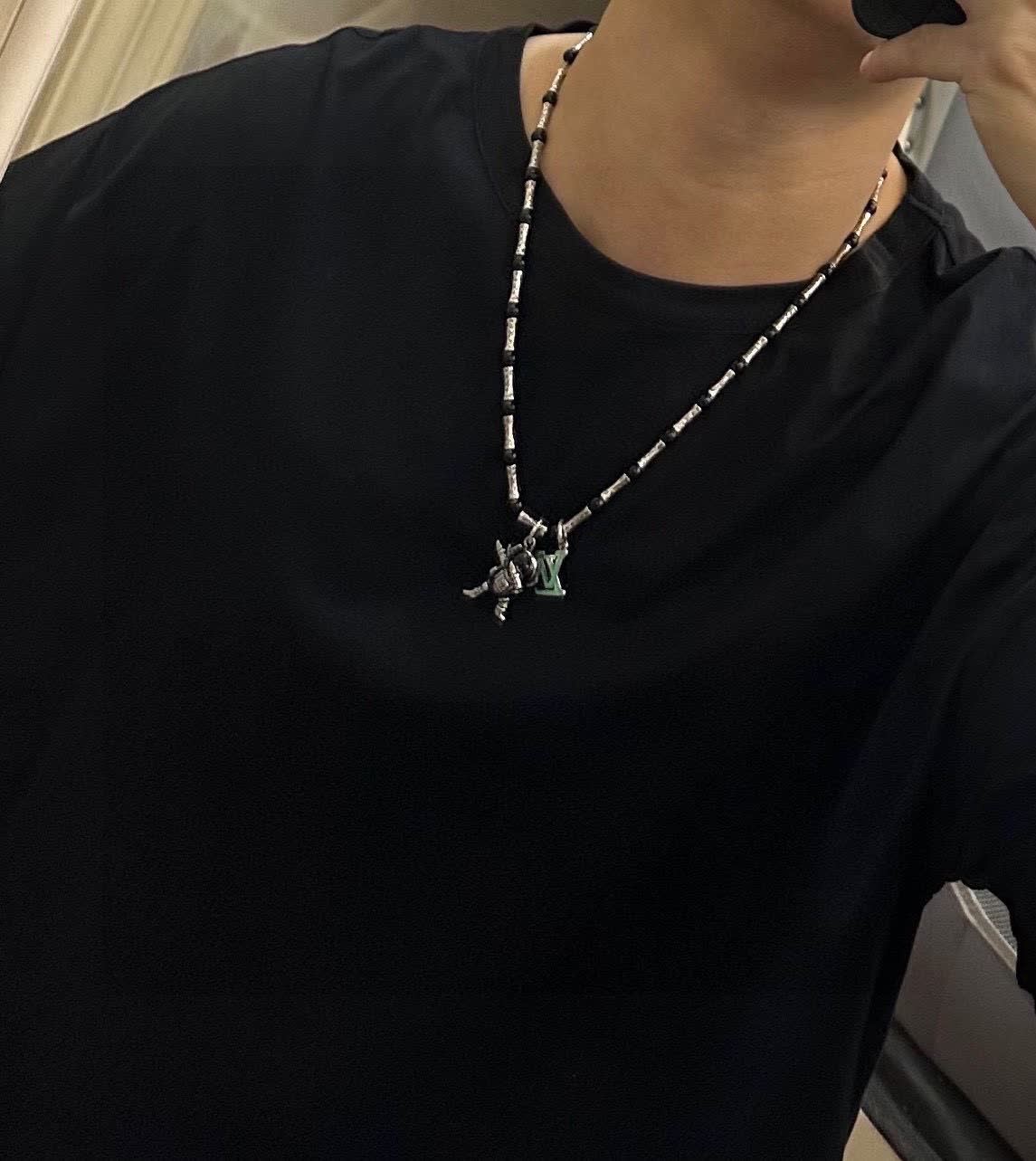 Louis Vuitton Silver and Black Beaded Necklace with Astronaut Charm